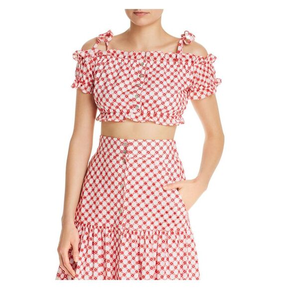 PALOMABLUE Tops - PALOMABLUE Womens Red Ruffled Polka Dot Pouf Off Shoulder Crop Top Size: M